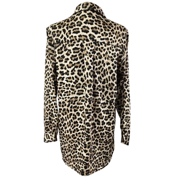 Zara Leopard Print Tan Button-Up Shirt Large Chest Pocket Longline Chic - Picture 2 of 9